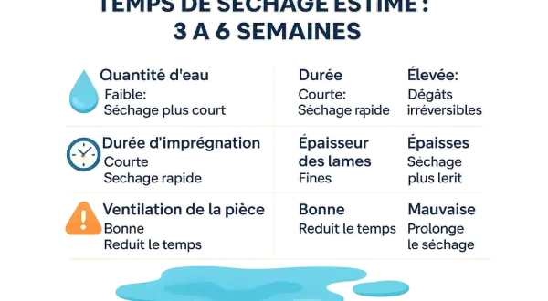 Tableau estimant le temps de séchage d'un parquet stratifié après dégât des eaux : 3 à 6 semaines. Facteurs influençant : quantité d'eau, durée d'imprégnation, épaisseur des lames, ventilation.