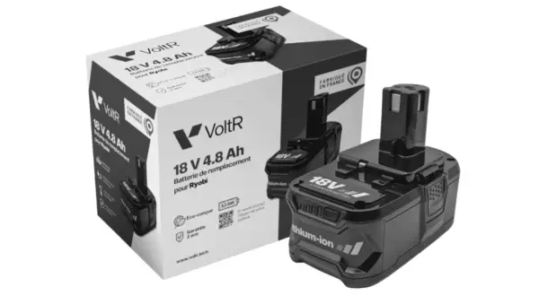 Batterie VoltR 18V 4.8 Ah de remplacement pour Ryobi, soulignant la compatibilité batterie entre marque. Fabriquée en France.