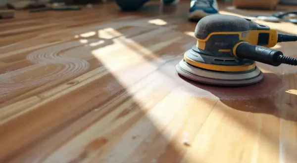 Une ponceuse orbitale en action sur un parquet en bois, laissant des traces de poussière. Apprenez comment poncer du bois avec ponceuse pour un résultat impeccable.