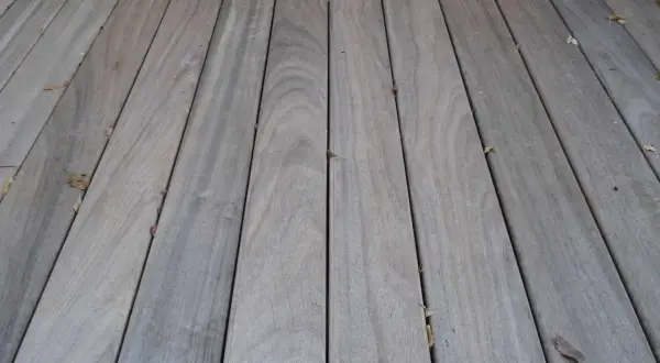 Planches de bois grisé, patinées par le temps, formant une terrasse. Quelques feuilles mortes parsèment le sol.