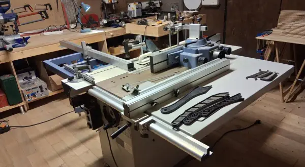 Un atelier de menuiserie avec une machine combinée Felder KF 500, des outils et des planches de bois.