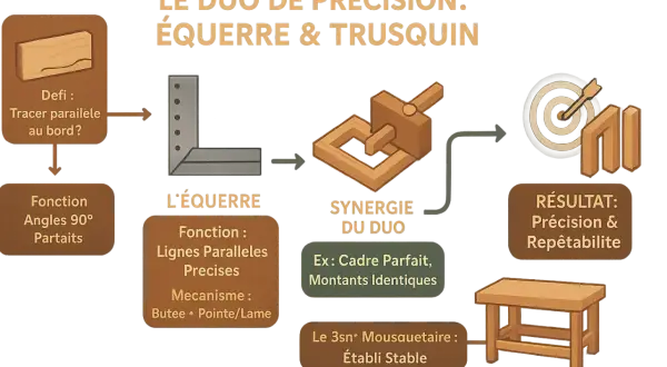 L'équerre d'ébéniste, outil de précision, permet de tracer des lignes parallèles et des angles parfaits pour des montants identiques.