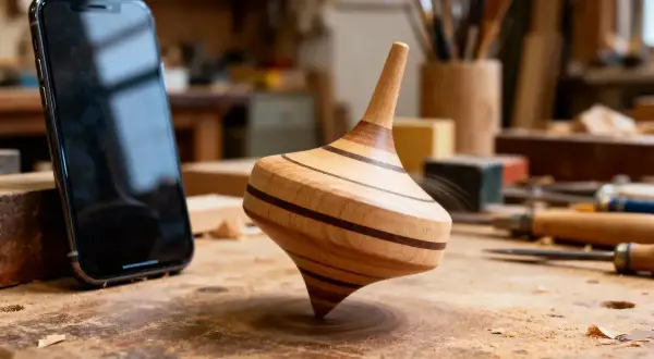 Une toupie en bois, chef-d'œuvre d'ébénisterie, tourne sur un établi. À côté, un smartphone, symbole de la technologie moderne.