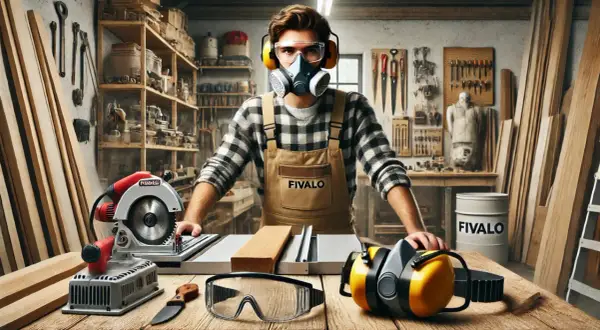 Un menuisier prépare son travail dans son atelier. Il porte un masque, des lunettes et un tablier. Des outils et du bois sont disposés sur la table.