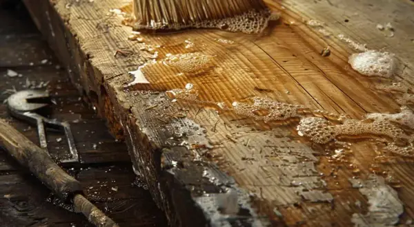 Un pinceau applique un liquide moussant sur une planche de bois brute. L'essence de térébenthine bois pénètre les fibres.