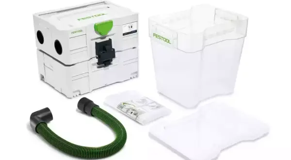 Ensemble pour un atelier propre : le filtre cyclonique Festool, son réservoir transparent, un tuyau vert et une notice.