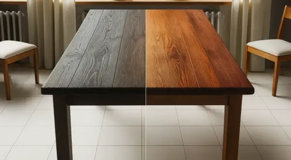 Tableau divisé en deux : d'un côté, le bois est sombre et vieilli, de l'autre, il est clair et lumineux. Un avant-après pour éclaircir le bois.