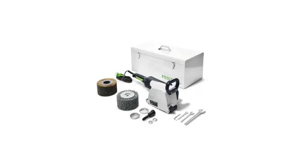 Ensemble d'outils Festool pour le décapage et le nettoyage, incluant une machine, des brosses, des clés et une boîte de rangement. Idéal pour le rustofix.