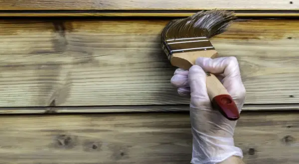 Maintenant, peut on mettre de la lasure sur de la peinture ? Un pinceau applique une lasure foncée sur un bardage en bois clair.