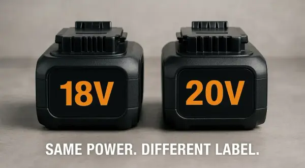 Deux batteries, 18V et 20V, côte à côte. La question : peut on charger une batterie 18v avec un chargeur 20v ? Même puissance, étiquette différente.
