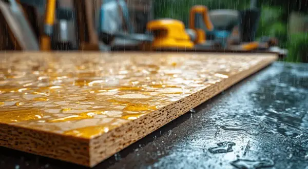 Planche d'OSB sous la pluie, l'eau ruisselle sur sa surface. L'humidité menace ce matériau de construction.