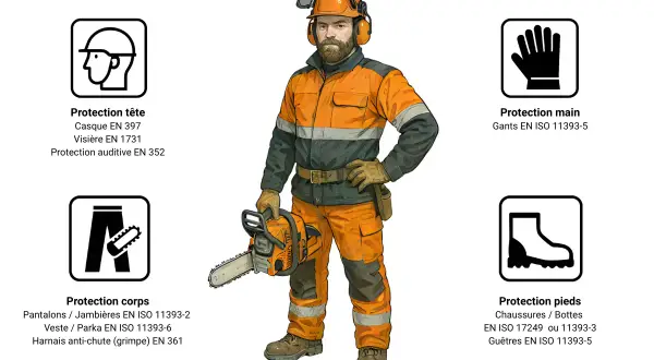 Un bûcheron en tenue de travail orange et grise, tenant une tronçonneuse. Autour, des icônes illustrent l'équipement de protection individuelle (EPI) : tête, mains, corps, pieds.
