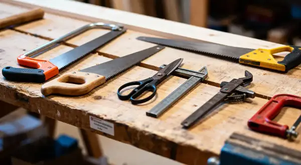 Sur un établi en bois, divers outils de mesure et de coupe sont disposés : scies, ciseaux, pied à coulisse, et une pince.
