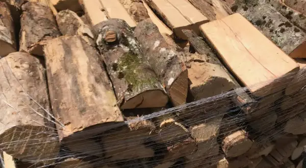 Bois empilé, prêt à sécher du bois rapidement. Des bûches de différentes tailles, certaines avec de la mousse, sont emballées dans du film plastique.