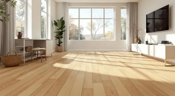 Parquet clair et lumineux, idéal pour un salon moderne. Le vitrification parquet prix m2 est un investissement pour la beauté et la durabilité.