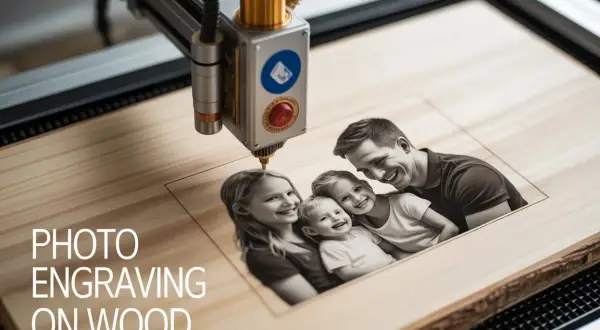 Une machine grave une photo de famille sur du bois, montrant comment graver sur du bois pour un souvenir unique.