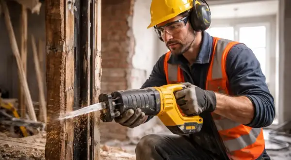 Un ouvrier utilise une scie sabre pour démolir une structure en bois. Cet outil est parfait pour ce genre de travaux.