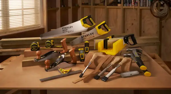 Un assortiment d'outils Stanley, incluant des scies, des rabots, des marteaux et des mètres, prêt pour tout projet de bricolage.