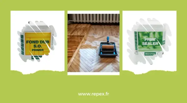 Application d'un fond dur sur un parquet. Le produit est prêt à être appliqué avant la teinture ou la finition.