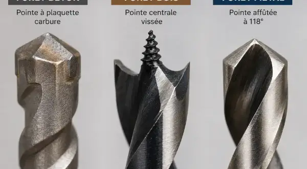 Trois forets : béton (pointe carbure), bois (pointe centrale vissée) et métal (pointe affûtée). Idéal pour votre mode percussion perceuse.