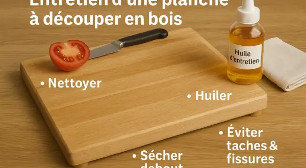 Planche à découper en bois huilé, avec une tomate coupée, un couteau, une bouteille d'huile et un chiffon. Conseils : nettoyer, huiler, sécher debout, éviter taches et fissures.