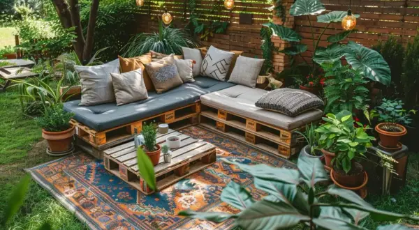 Salon de jardin cosy avec canapé et table basse fabriqués à partir de palettes. Une **terrasse en palette** accueillante, décorée de coussins et de plantes.
