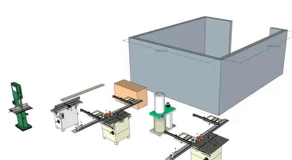 Vue 3D d'un atelier de menuiserie avec scie à ruban, deux scies de table, une raboteuse et un aspirateur, le tout dans un espace délimité par des murs. Ce **combi3** est prêt à l'emploi.