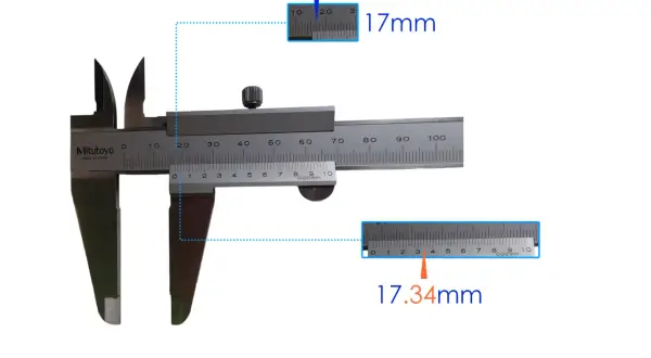 Apprenez comment lire un pied à coulisse avec cet exemple. La mesure principale est de 17mm, et la mesure vernier ajoute 0.34mm pour un total de 17.34mm.