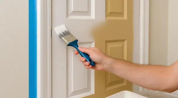 Main tenant est en train de peindre une porte. La moitié de la porte est déjà peinte en jaune, l'autre moitié est blanche.