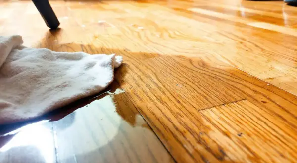 Chiffon blanc absorbant une flaque sur un parquet en bois, étape pour enlever tache urine sur parquet bois.