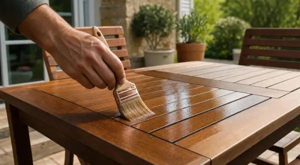 Application de vernis marin sur une table de jardin en bois pour assurer sa durée de vie.