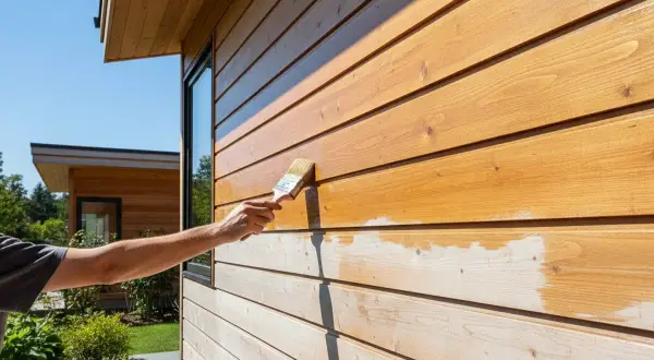 Application d'une lasure sur un bardage en bois. La lasure protège et embellit le bois, lui donnant une teinte chaude et naturelle.