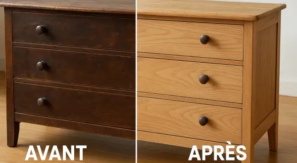 Avant/Après : un commode en bois sombre, patiné par le temps, retrouve sa jeunesse après un décapage meuble bois.