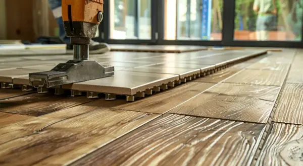 Pose d'un carrelage sur plancher bois avec un outil de pose. Le nouveau carrelage s'aligne parfaitement sur le parquet existant.