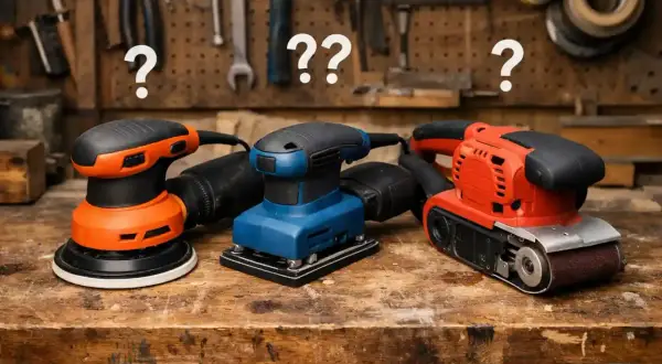 Trois ponceuses électriques, un outil manuel pour creuser le bois, sur un établi.