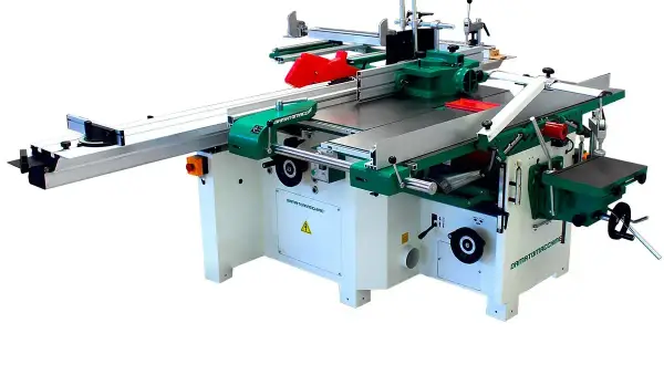 Machine menuiserie combinée, verte et blanche, avec scie circulaire et guide. Idéale pour tous vos travaux de bois.