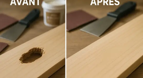 Avant/après : un trou dans le bois rebouché avec de la pâte à bois.