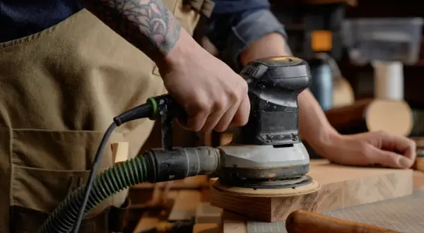 Main d'un artisan utilisant un outil pour poncer du bois. L'outil est relié à un aspirateur par un tuyau vert.