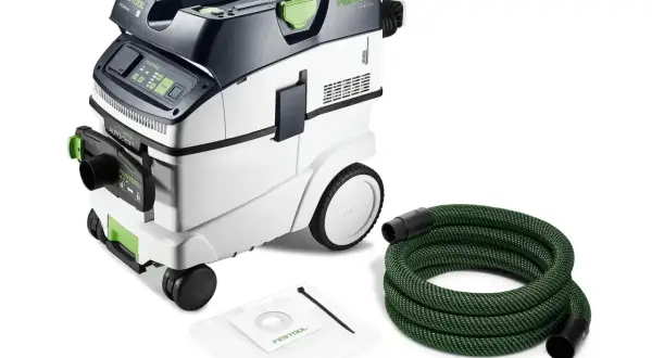 Aspirateur Festool CT VA 20 avec tuyau vert et sac filtrant. Idéal pour un atelier propre.