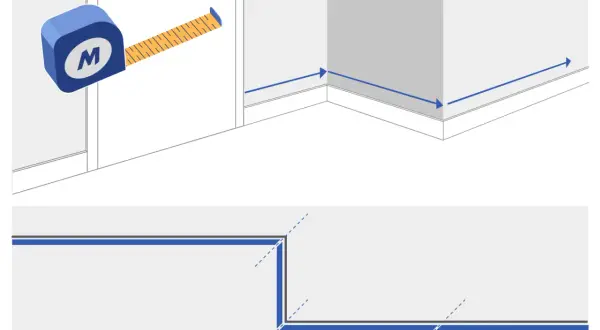 Illustration d'un mètre ruban et de plinthes dans un coin, avec des flèches indiquant les mesures.