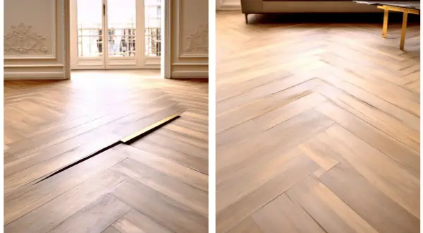Un beau parquet en chevrons montre des signes de dilatation, le parquet qui gondole créant une fissure visible.