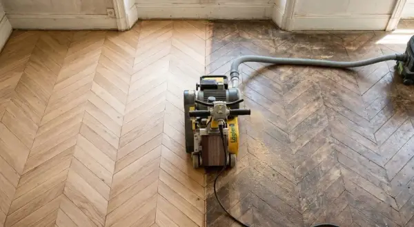 Ponçage d'un parquet ancien en chevrons, révélant sa beauté. Le prix du ponçage parquet dépend de l'état. Aspirateur industriel en action.
