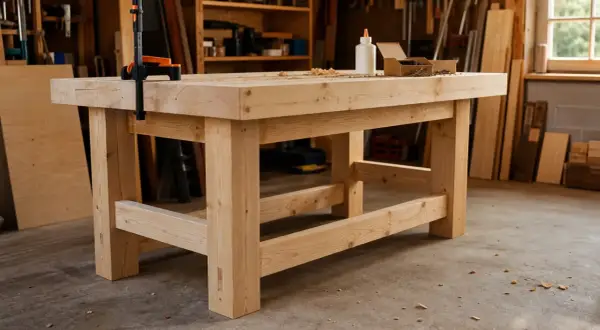 Un établi de menuisier en bois massif, prêt pour le travail. Le plan établi menuisier est visible sur le dessus, avec des vis et de la colle.