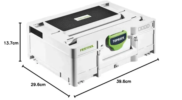 Boîtier blanc Festool avec poignée verte "TOPROCK". Ce **radio de chantier Festool** est compact et robuste, idéal pour les professionnels.