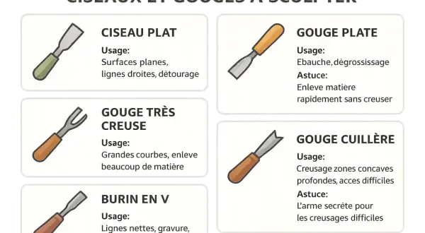 Illustration de différents types de gouge à bois : plate, très creuse, cuillère et burin en V, pour la sculpture.