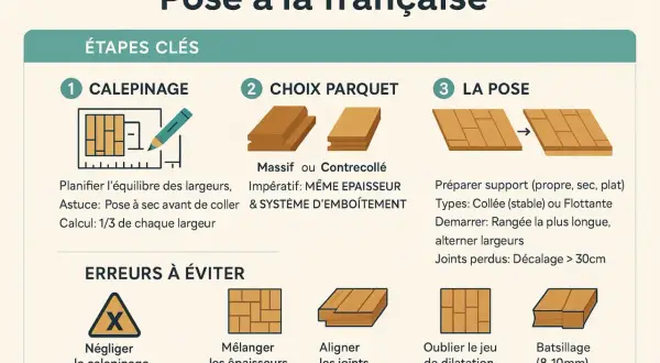 Guide pour la pose de parquet à la française : étapes, choix du bois (massif ou contrecollé, même épaisseur parquet massif), pose et erreurs à éviter.
