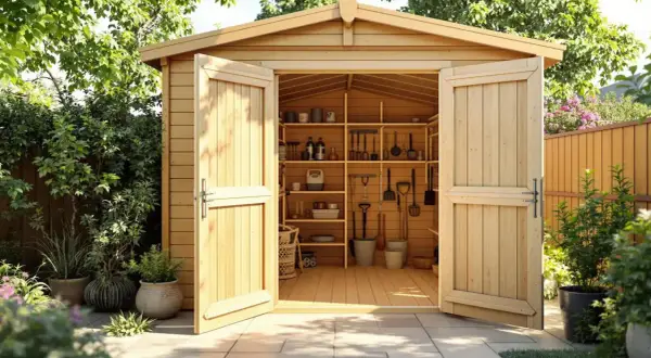Abri de jardin en bois bien rangé, outils et pots. Faut-il lasurer l'intérieur d'un abri de jardin pour le protéger ?