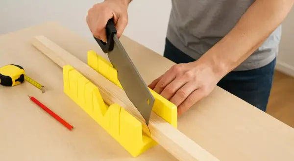 Un bricoleur utilise une boîte à onglets jaune pour une coupe plinthe précise. Un mètre ruban et un crayon sont à proximité.
