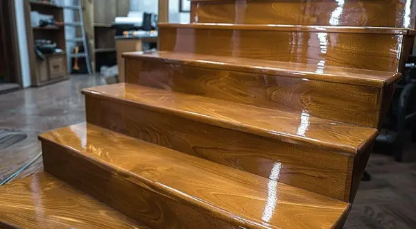 Escalier en bois neuf, dont les marches brillent après un vitrifier. La finition met en valeur le grain du bois.