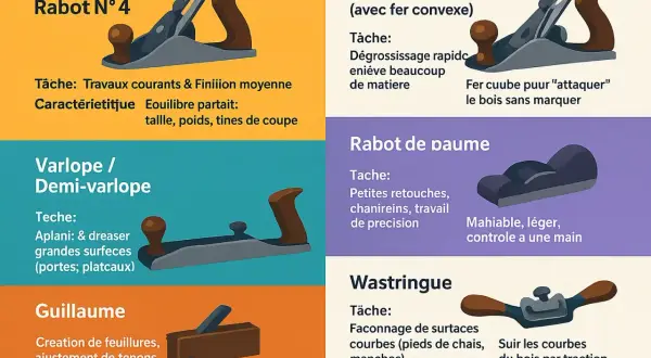 Illustration des différents types de rabots : Rabot N°4, Varlope, Guillaume, Riflard, Rabot de paume, Wastringue.